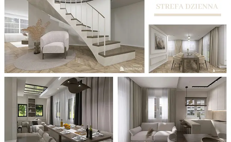 Wnętrze strefy dziennej w stylu japandi i minimalistycznym z jasnymi meblami.