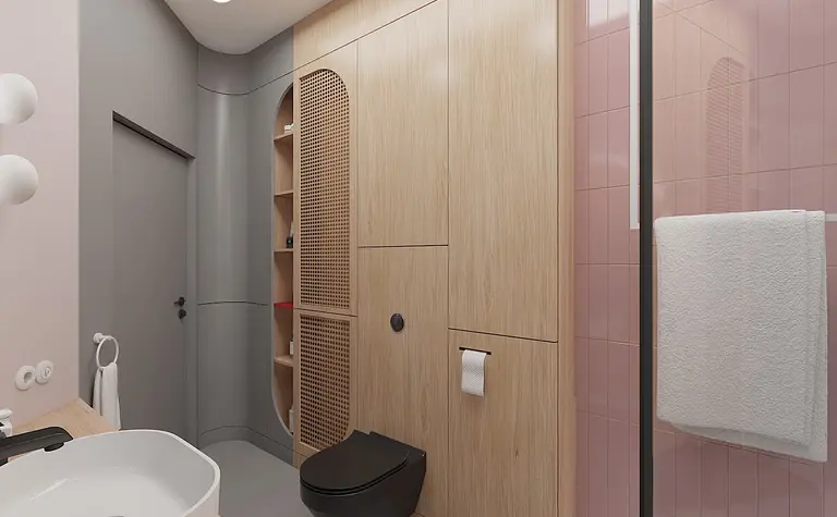 Nowoczesna łazienka z drewnianymi meblami, różowymi kaflami i minimalistycznym designem dopamine decor.