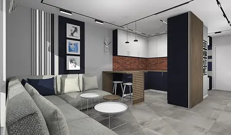 Wnętrze salonu z szarymi ścianami, brązowym blatem, art deco i minimalistycznym stylem.