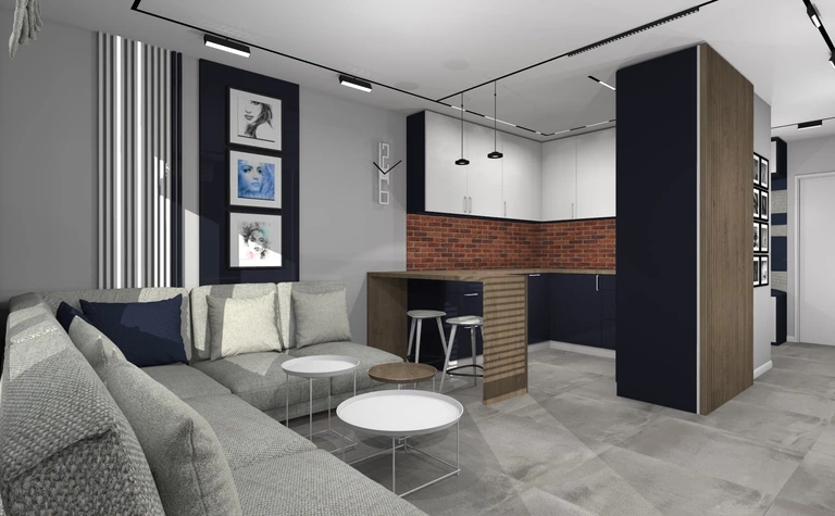 Wnętrze salonu z szarymi ścianami, brązowym blatem, art deco i minimalistycznym stylem.
