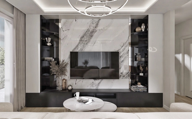 Wnętrze salonu glamour z nowoczesnym kominkiem i przestronną aranżacją.