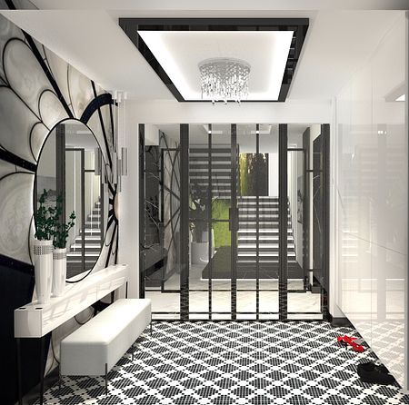 Przedpokój w stylu art deco i glamour z czarną podłogą i dużym lustrem.