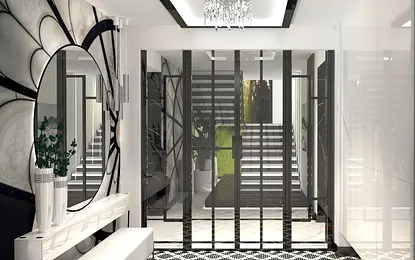 Przedpokój w stylu art deco i glamour z czarną podłogą i dużym lustrem.