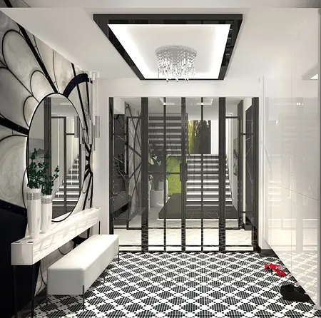 Przedpokój w stylu art deco i glamour z czarną podłogą i dużym lustrem.
