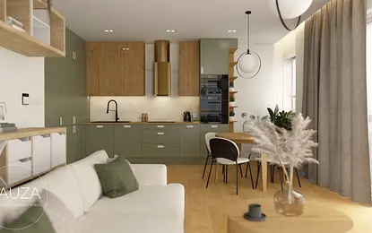 Wnętrze kuchni w stylu japandi i nowoczesnym z zielonymi meblami i drewnianymi detalami.