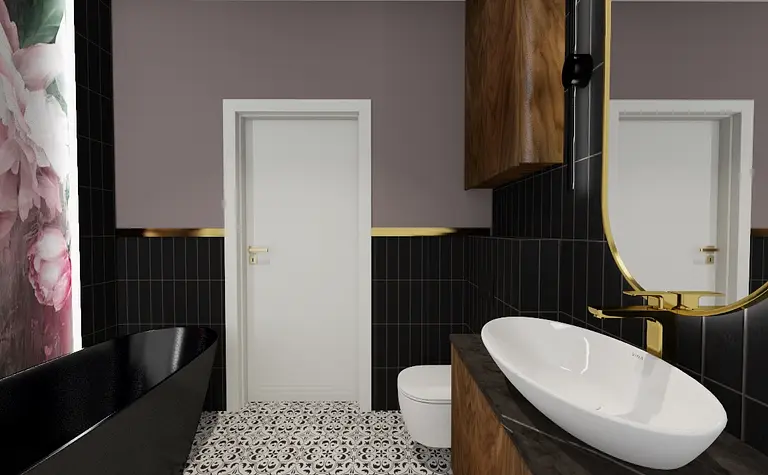 Łazienka z eklektycznym stylem, czarną wanną, drewnianymi szafkami i zdobioną podłogą.