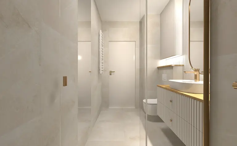 Współczesna łazienka z białymi meblami i beżowymi ścianami.