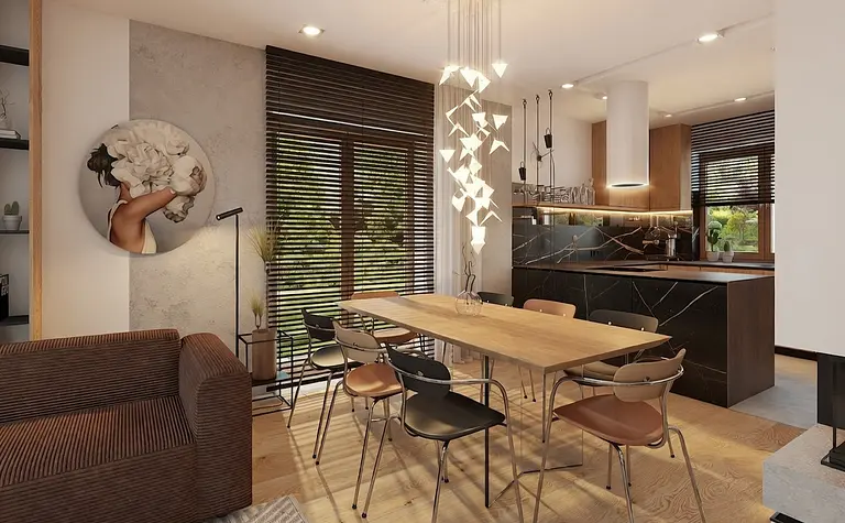 Wnętrze jadalni w stylu dopamine decor i minimalistycznym z drewnianym stołem i nowoczesnymi krzesłami.