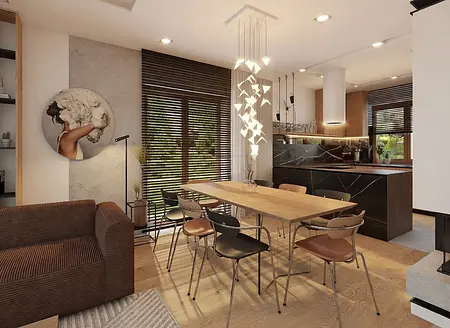 Wnętrze jadalni w stylu dopamine decor i minimalistycznym z drewnianym stołem i nowoczesnymi krzesłami.