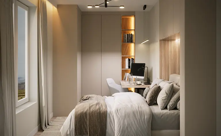 Sypialnia z minimalistycznym wystrojem, beżowe meble, nowoczesne oświetlenie