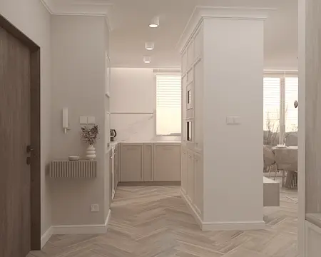 Wnętrze kuchni z beżowymi meblami w stylu nowoczesnym i quiet luxury.