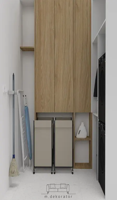 Garderoba w stylu japandi, minimalistycznym i skandynawskim z drewnianymi szafkami.