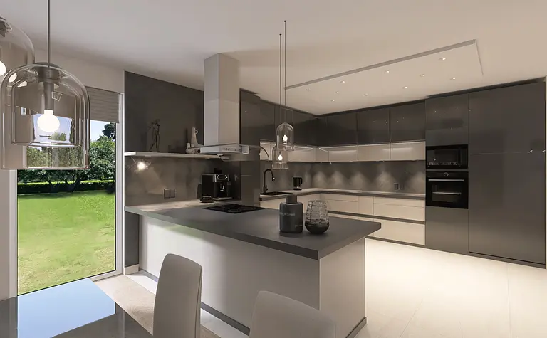 Nowoczesna kuchnia z szarymi meblami i dużym oknem