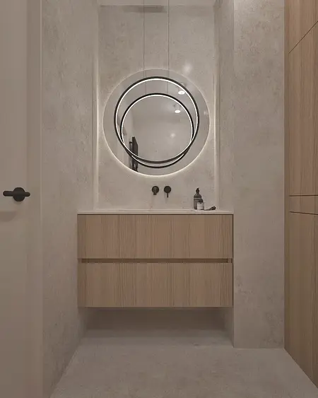 Nowoczesna łazienka w stylu boho i japandi z drewnianymi akcentami.