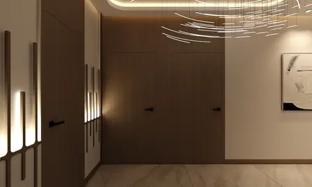 Przedpokój w stylu japandi z drewnianymi detalami i nowoczesnym oświetleniem.