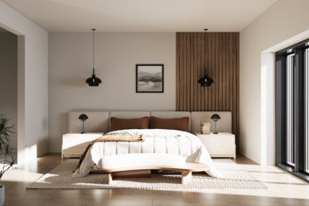 Sypialnia w stylu boho, japandi, minimalistycznym i nowoczesnym z brązowymi akcentami.