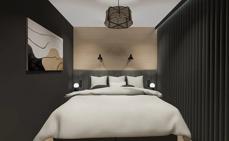 Wnętrze sypialni z minimalistycznym wystrojem, industrialnymi akcentami oraz nowoczesnym oświetleniem.