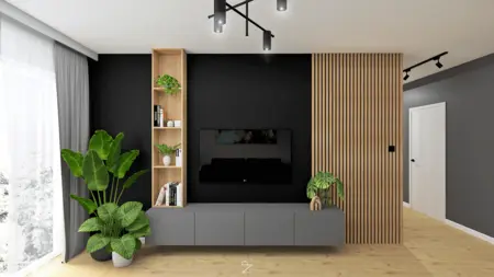Wnętrze salonu minimalistycznego z drewnianymi elementami, nowoczesnym oświetleniem i roślinami.
