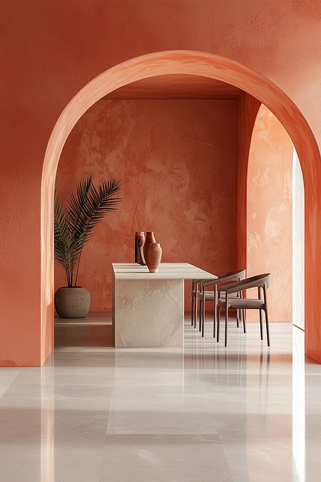 Wnętrze jadalni z białym stołem, pomarańczowymi ścianami i rośliną