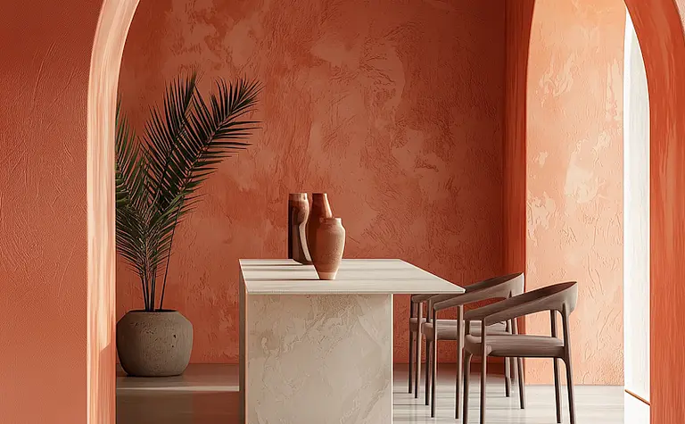 Wnętrze jadalni z białym stołem, pomarańczowymi ścianami i rośliną