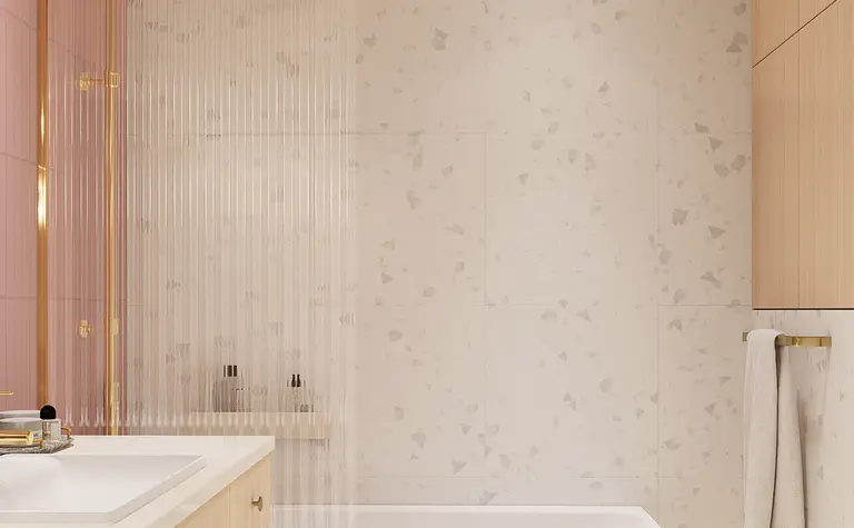 Nowoczesna łazienka z wanną, drewnianymi meblami, art deco, dopamine decor