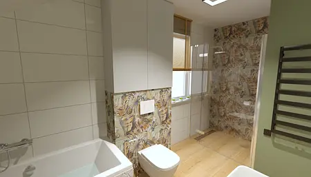 Nowoczesna łazienka z białymi płytkami, drewnianą podłogą i kabiną prysznicową.