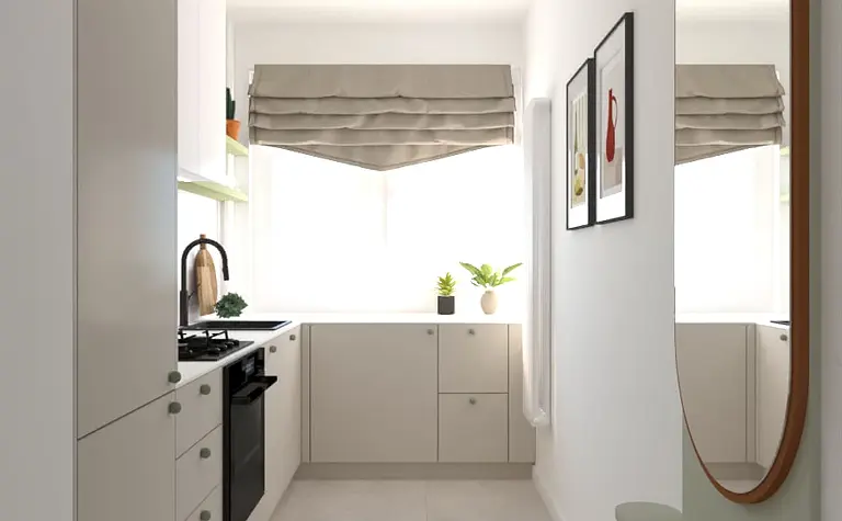 Kuchnia w stylu dopamine decor z eklektycznymi akcentami i nowoczesnymi meblami.