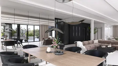 Wnętrze jadalni z nowoczesnymi elementami i roślinami, w stylu quiet luxury.