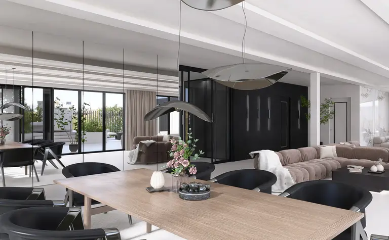 Wnętrze jadalni z nowoczesnymi elementami i roślinami, w stylu quiet luxury.