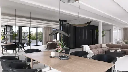 Wnętrze jadalni z nowoczesnymi elementami i roślinami, w stylu quiet luxury.