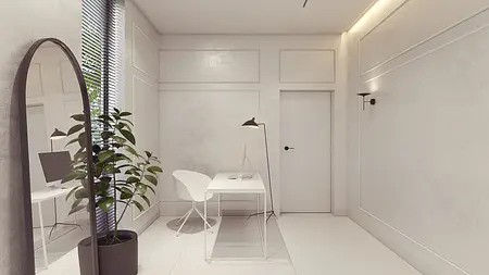 Minimalistyczny pokój z białym biurkiem, rośliną i dużym lustrem.