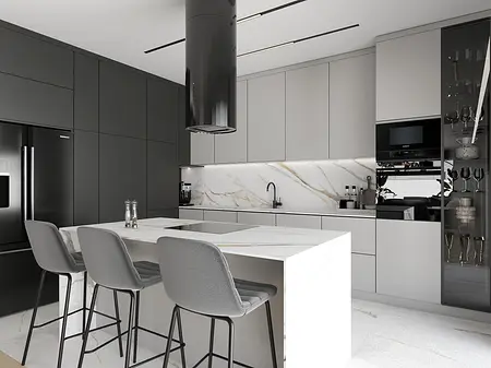 Nowoczesna kuchnia minimalistyczna z czarnymi meblami i białym blatem.