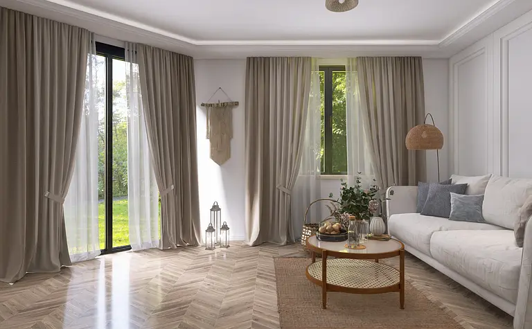 Wnętrze salonu w stylu prowansalskim z jasnymi zasłonami i roślinnymi detalami.