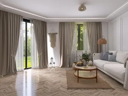 Wnętrze salonu w stylu prowansalskim z jasnymi zasłonami i roślinnymi detalami.