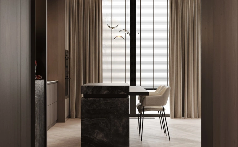 Wnętrze kuchni z blatem kamiennym, minimalistycznymi meblami i jasnymi zasłonami, styl art deco.