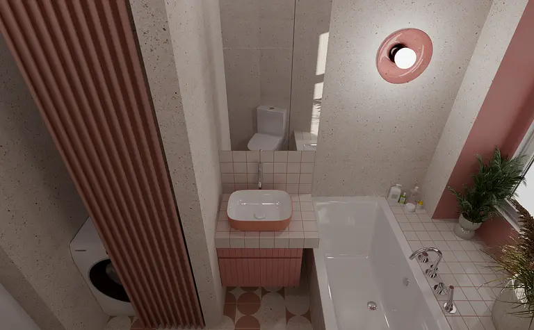 Nowoczesna łazienka w stylu dopamine decor i vintage z różowymi elementami.