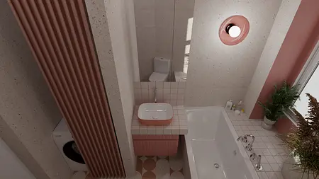 Nowoczesna łazienka w stylu dopamine decor i vintage z różowymi elementami.