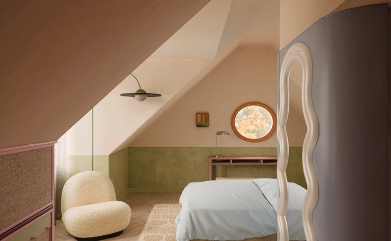 Wnętrze poddasza z minimalistycznym designem, zieloną ścianą, vintage meblami i oświetleniem.