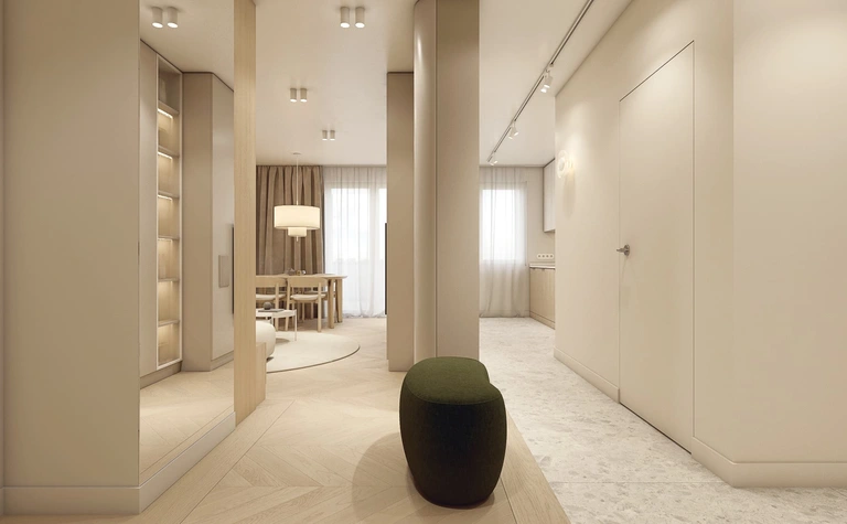 Wnętrze przedpokoju w stylu japandi z minimalistycznym designem, jasnymi kolorami i drewnem.