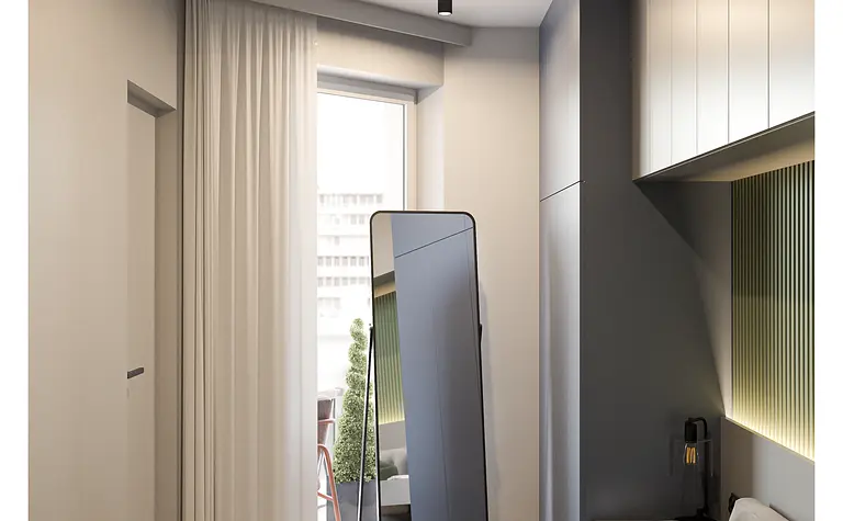 Sypialnia w stylu industrialnym i minimalistycznym z dużym lustrem i zielonymi akcentami.