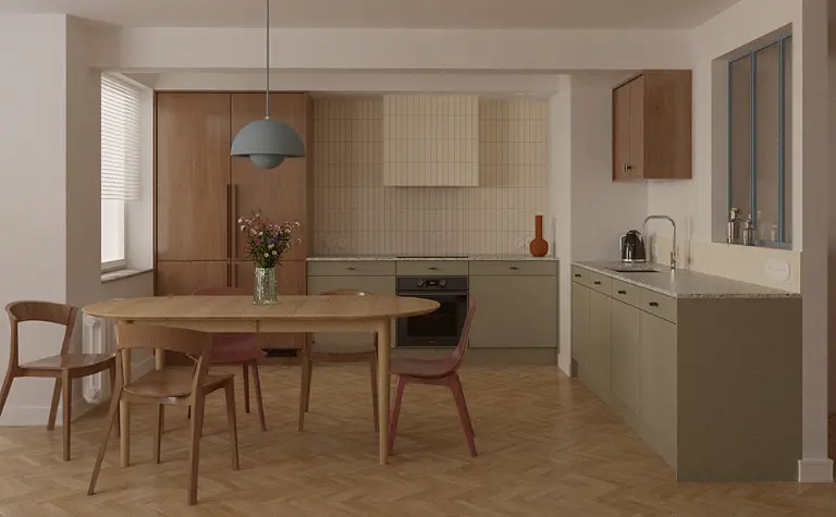 Kuchnia z drewnianymi meblami w stylu dopamine decor i eklektycznym.