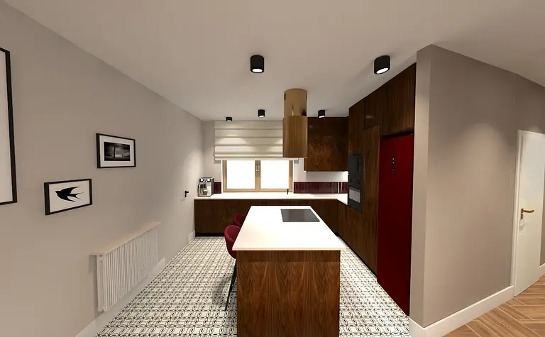 Kuchnia w stylu eklektycznym z drewnianymi meblami i czerwonymi akcentami.