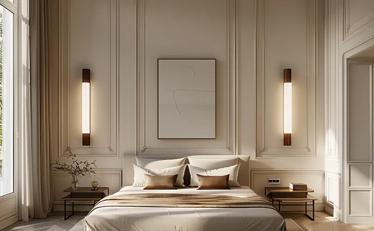 Sypialnia w stylu art deco z beżowym łóżkiem i eleganckim oświetleniem.