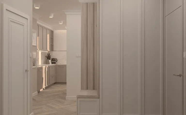 Wnętrze nowoczesnej kuchni w stylu quiet luxury z beżowymi meblami.