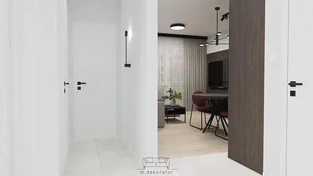 Wnętrze nowoczesnego pomieszczenia z minimalistycznym designem, białe ściany, ciemne akcenty.