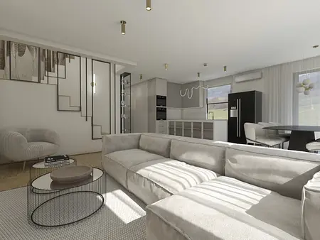 Wnętrze salonu w stylu eklektycznym z jasną sofą i nowoczesnym stołem.