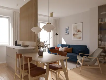 Wnętrze salonu w stylu minimalistycznym, vintage i współczesnym z niebieską sofą.