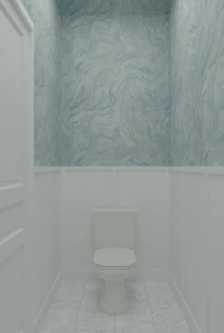 Toaleta z białymi panelami i niebieską ścianą w stylu art deco, minimaluxe, quiet luxury.