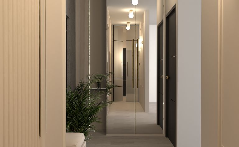 Przedpokój w stylu glamour i nowoczesnym z lustrami i roślinnością.