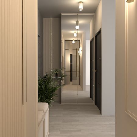 Przedpokój w stylu glamour i nowoczesnym z lustrami i roślinnością.